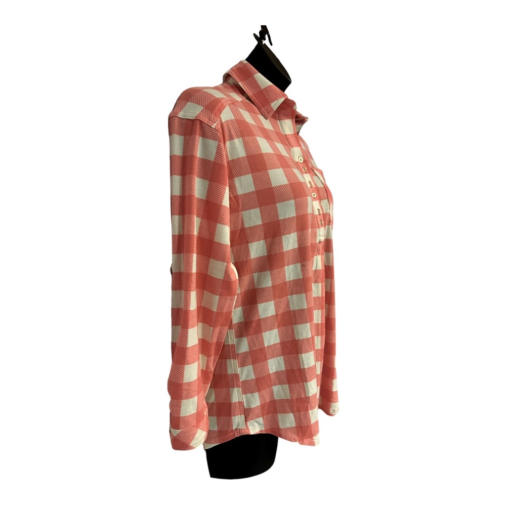 Country Door Coral Pink Collared Stretch Flannel Plaid Shirt Career Casual Tunic - Picture 6 of 11